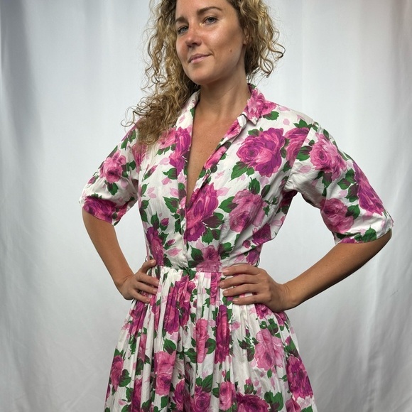 Vintage Handmade Floral Print V Neck Dress in White Pink Size Extra Small - Picture 2 of 7